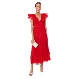 Tuckernuck Giselle Dress Gown Tulle Maxi Length Swiss Dot Zip Red Womens Size XS
